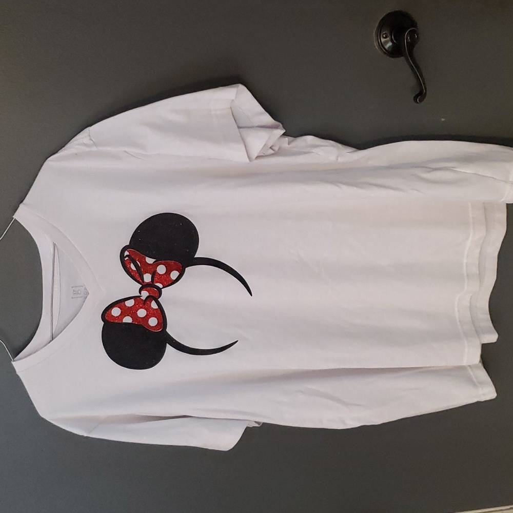 White Short Sleeve Tee with Black Minnie Ear Graphic and Red Polka Dot Bow